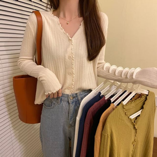 Cropped Cardigan Knit V-Neck Ribbed Plain