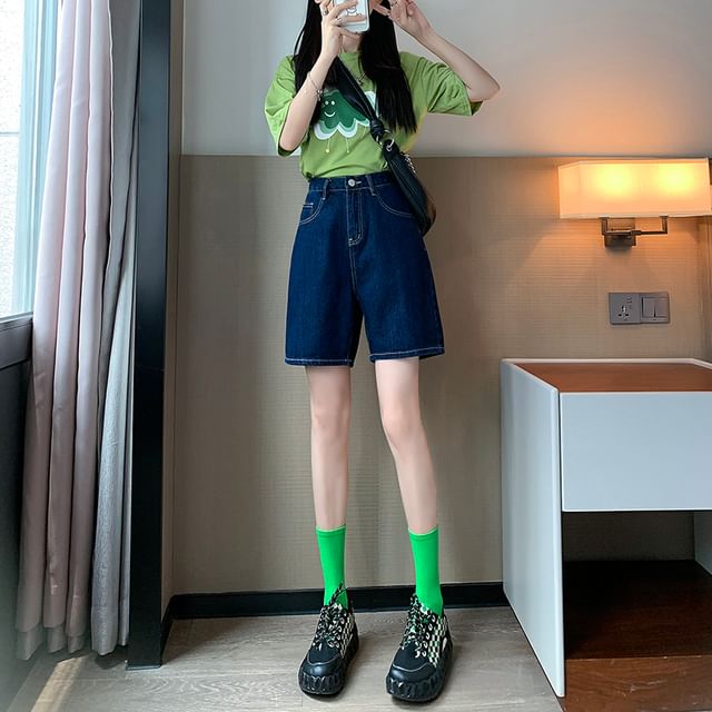 Plain Waist High Shorts Denim