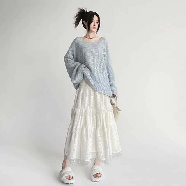 Midi Lace Waist Skirt Panel A-Line High Plain