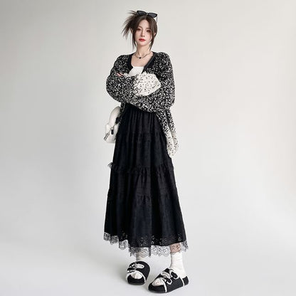 Midi Lace Waist Skirt Panel A-Line High Plain