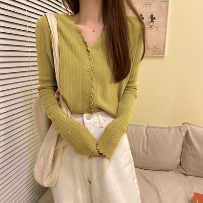 Cropped Cardigan Knit V-Neck Ribbed Plain