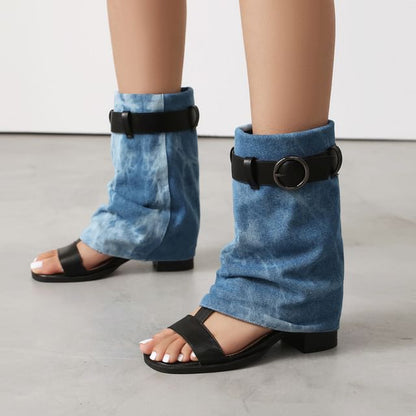 Heel Short Washed Thong Denim Boots Block
