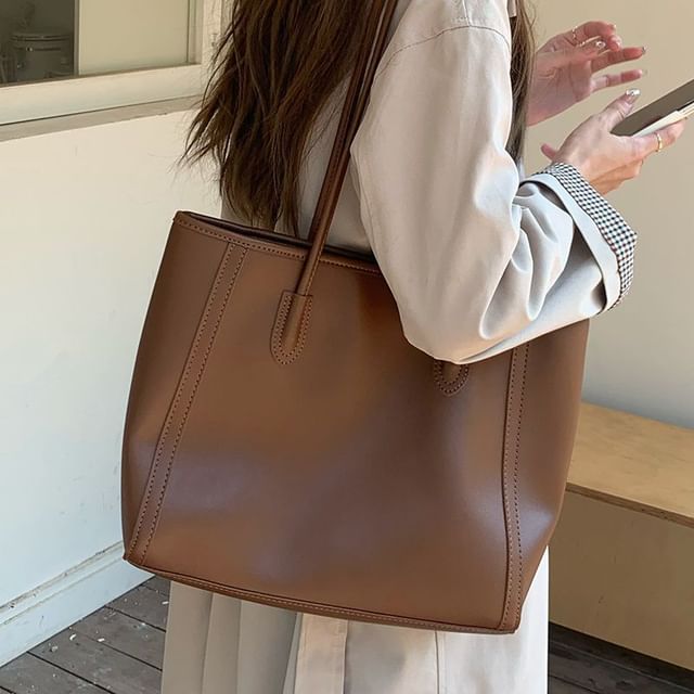 Bag Plain Faux Tote Leather