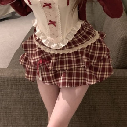 Ruffle Panel Top Floral Print High Cardigan Bow Sleeveless Striped Mini A-Line Skirt Waist Plaid /