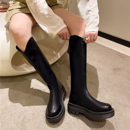 Platform Plain Zip-Up Tall Leather Boots Faux