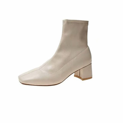 Plain Toe Heel Boots Chunky Zip-Up Square Short