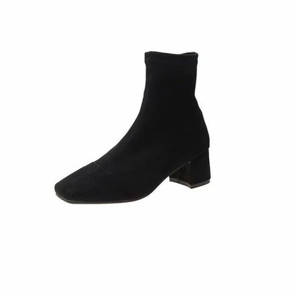 Plain Toe Heel Boots Chunky Zip-Up Square Short