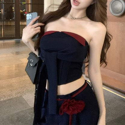 Two Top Tube Waist Leg Low Plain Crop Wide Tone / Pants Tie Front