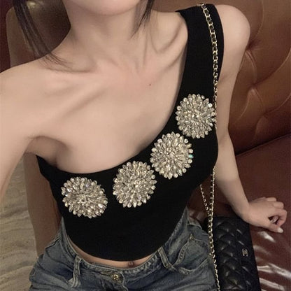 Fit Slim Tank Rhinestone Accent Top One-Shoulder Crop