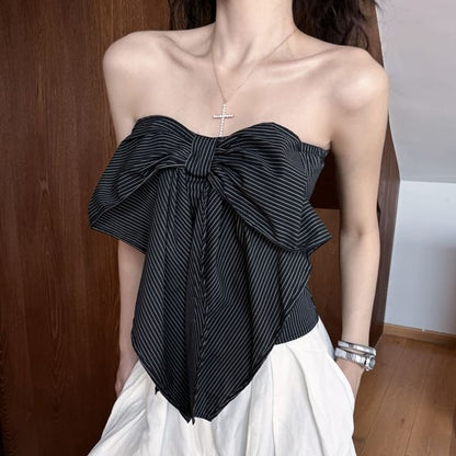 Waist Accent Tube High Plain Top Striped Bow Pants Wide / Crop Leg