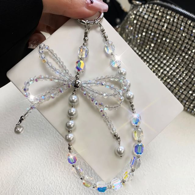with Phone Pearl Lanyard Crystal Bow Strap Faux Pad