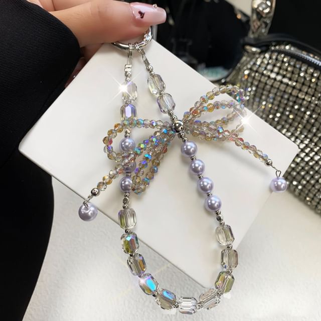 with Phone Pearl Lanyard Crystal Bow Strap Faux Pad