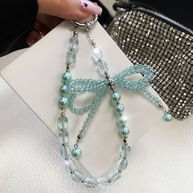 with Phone Pearl Lanyard Crystal Bow Strap Faux Pad