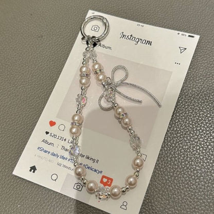Pad Bow Phone Faux with Pearl Lanyard Strap