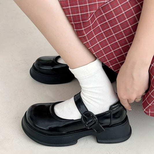 Faux Mary Jane Plain Buckled Platform Leather Shoes