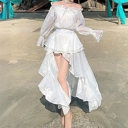 Low Plain Ruffle High Off-The-Shoulder Dress A-Line Long-Sleeve Maxi