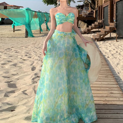 Crop Set: Floral Sleeveless Maxi + Top High Rise A-Line Skirt