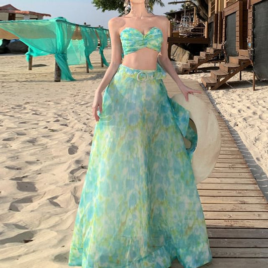 Crop Set: Floral Sleeveless Maxi + Top High Rise A-Line Skirt