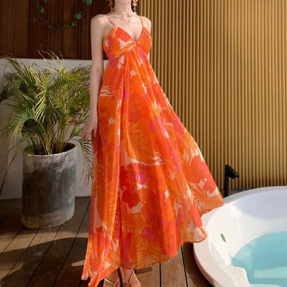 V-Neck A-Line Floral Strap Print Spaghetti Maxi Dress