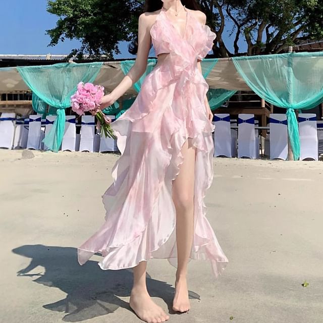 Top + Crop Set: Floral V-Neck Waist High Skirt Midi Halter A-Line