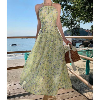 Neck A-Line Midi Dress Flower Halter Print