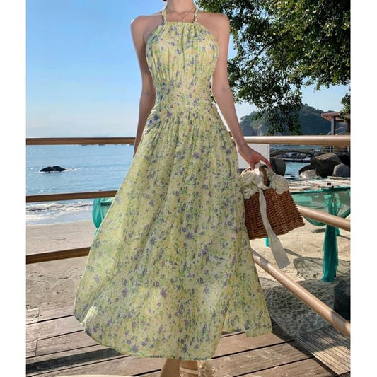 Neck A-Line Midi Dress Flower Halter Print