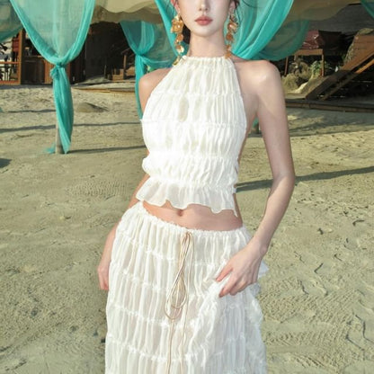 Cami Halter Set: Rise Skirt Plain High Maxi + Neck Crop Top A-Line