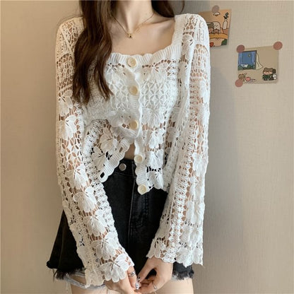 Neck Floral Cropped Crochet Square Cardigan