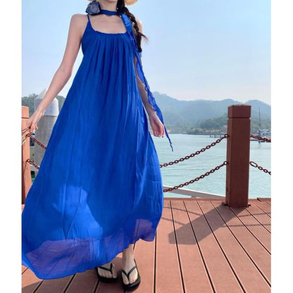 Strap Dress Trim Plain Neck Ruffle A-Line Scoop Spaghetti Maxi