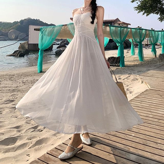 Plain Ruched Maxi Spaghetti Strap Dress A-Line