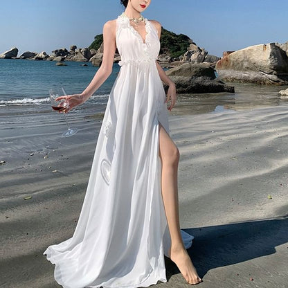 Dress V-Neck Slit Sleeveless Maxi Plain A-Line