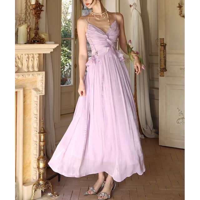 Maxi Spaghetti Plain Trim Strap Dress Ruffle V-Neck A-Line