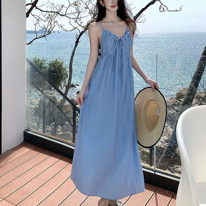 A-Line Maxi V-Neck Strap Ruched Spaghetti Dress Plain