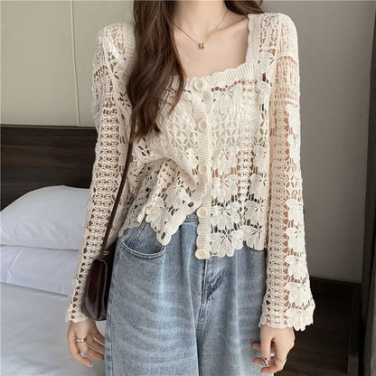 Neck Cropped Crochet Square Cardigan Floral