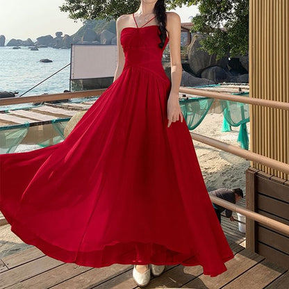 Plain Ruched Maxi Spaghetti Strap Dress A-Line