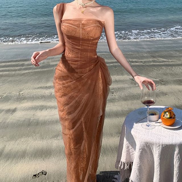 Maxi Evening Sheer Sequin Shoulder One Gown Sleeveless Ruffle