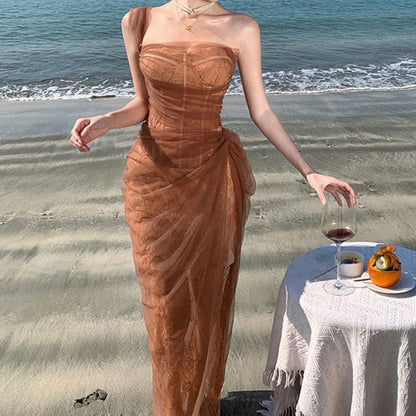 Maxi Evening Sheer Sequin Shoulder One Gown Sleeveless Ruffle