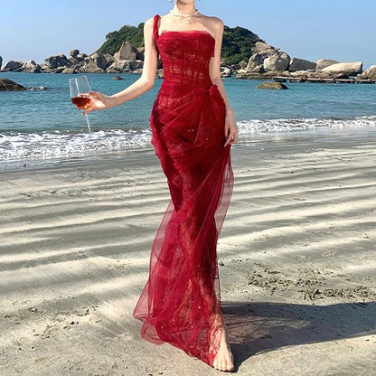 Maxi Evening Sheer Sequin Shoulder One Gown Sleeveless Ruffle