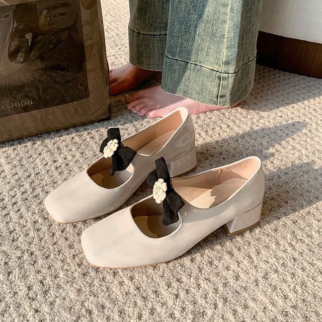 Pumps Jane Toe Block Flower Mary Heel Bow Square