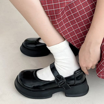 Faux Mary Jane Plain Buckled Platform Leather Shoes
