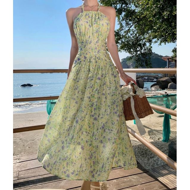 Neck A-Line Midi Dress Flower Halter Print