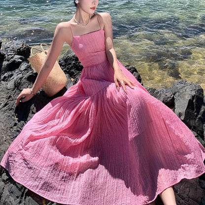 Spaghetti Plain Textured Maxi Dress A-Line Strap