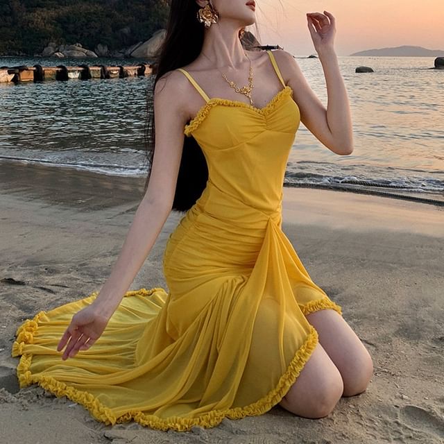 Hem Plain Bodycon Ruffle V-Neck Dress Spaghetti Maxi Strap