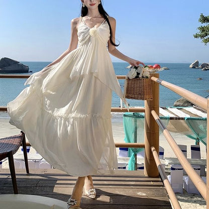 Spaghetti A-Line Maxi Dress Strap V-Neck Plain Ruffle Trim