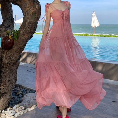 Spaghetti Strap Ruffle Trim A-Line V-Neck Maxi Plain Dress