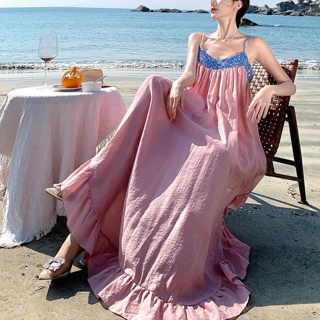 Maxi Panel Ruffle Strap Dress Spaghetti Hem Sequined A-Line