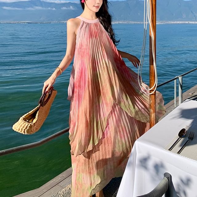 Crew Tie Sleeveless Maxi Neck Dress A-Line Dye Pleated