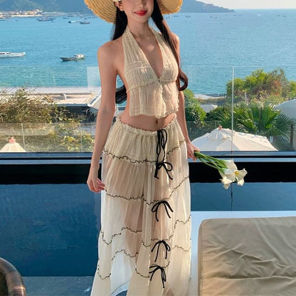 Top A-Line V-Neck Plain Skirt Rise Detail Sleeveless Set: Maxi Bow Crop Mid +