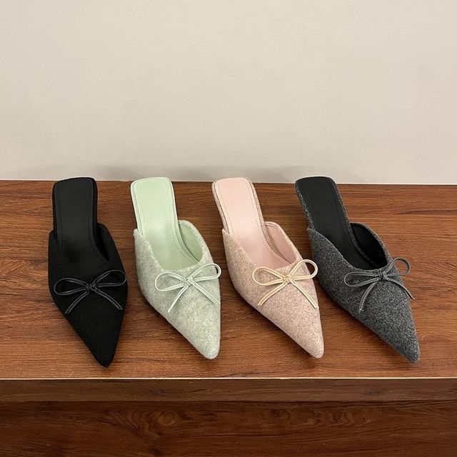 Plain Heel Bow Mules Accent Chunky Pointed Toe