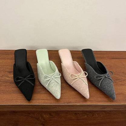 Plain Heel Bow Mules Accent Chunky Pointed Toe